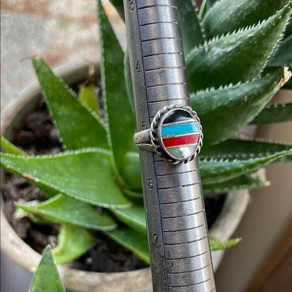 Jewelry - Vintage Sample Onyx Turquoise Coral and Abalone Sterling Ring Size 5
